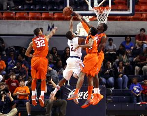 K.J. McDaniels, Jaron Blossomgame and Landry Nnoko