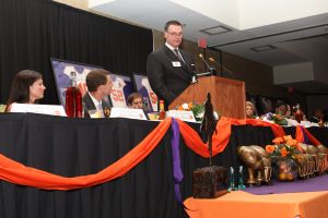 Bill Smith addresses the group after receiving the Brian Dawkins Leadership Award.