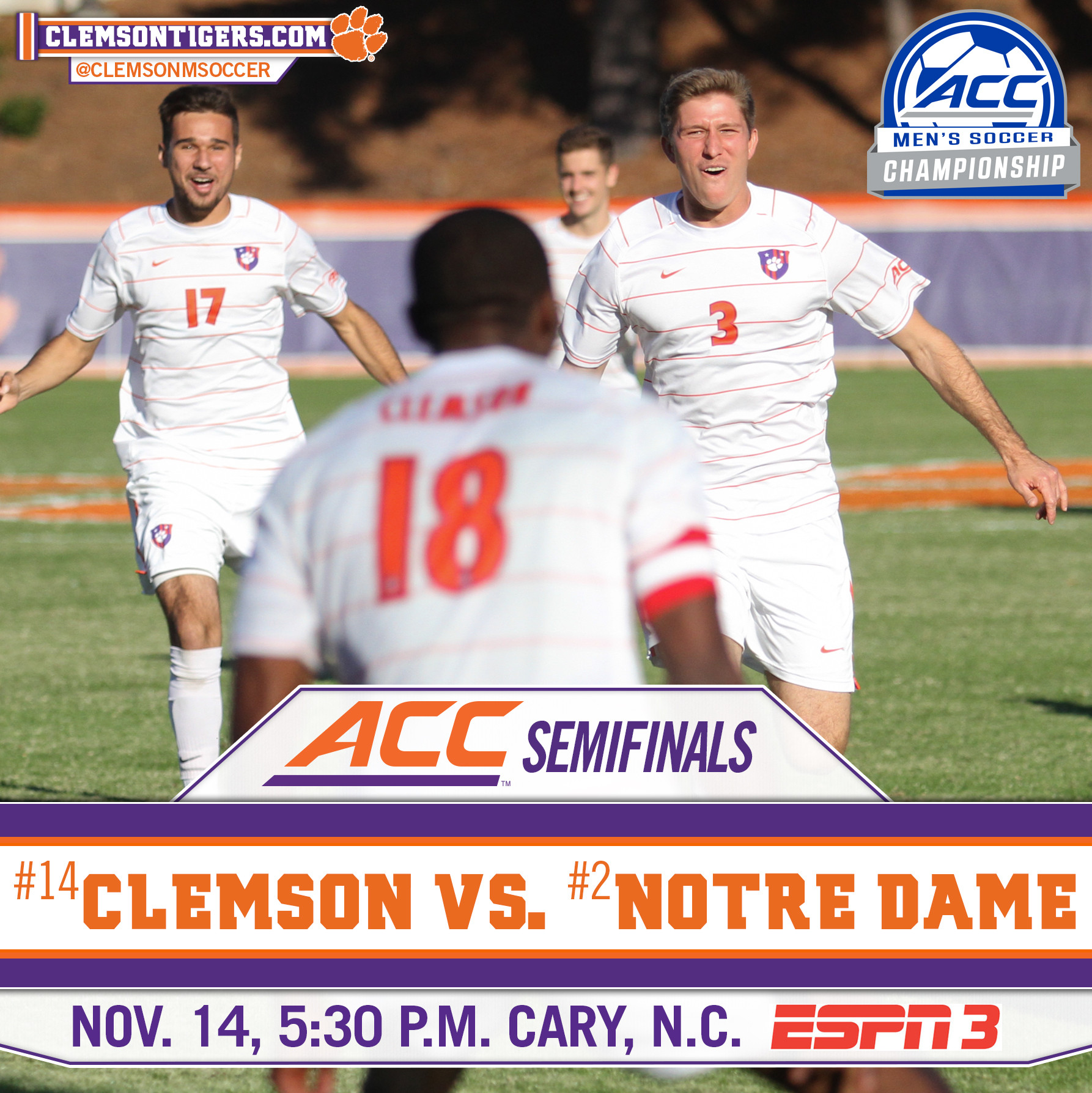 No. 14 Clemson Meets No. 2 Notre Dame in ACC Semifinal Match on Friday