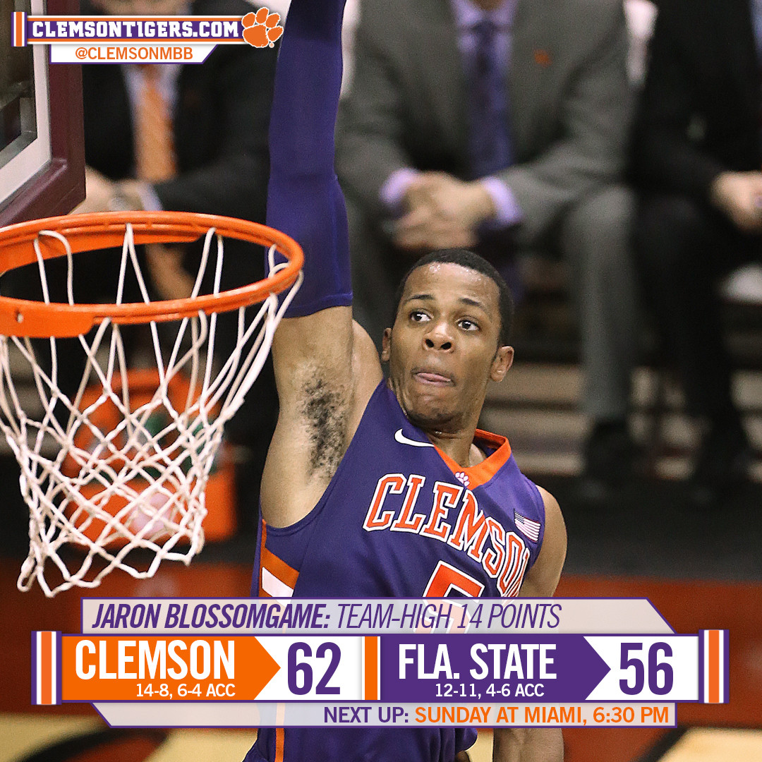 Clemson Clings to 62-56 Victory at Florida State