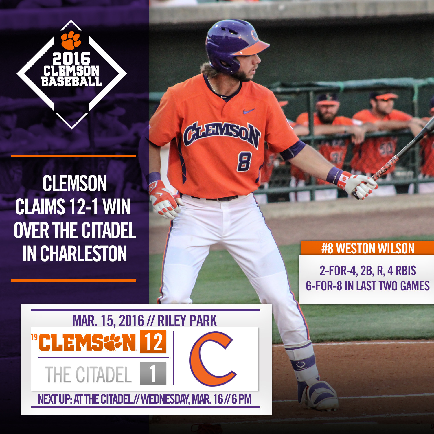 Tigers Topple The Citadel 12-1