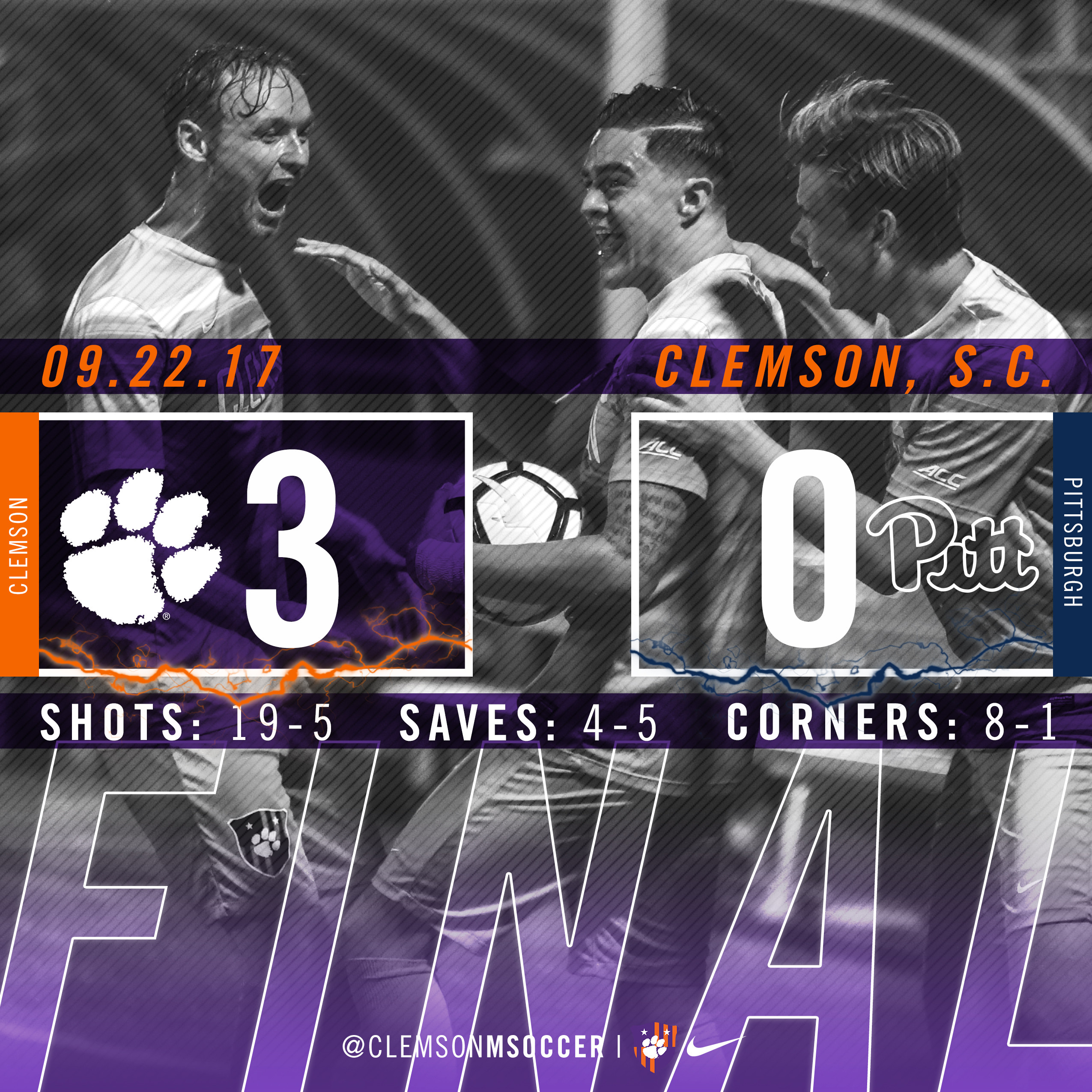 No. 8 Clemson Shuts Out Pittsburgh 3-0