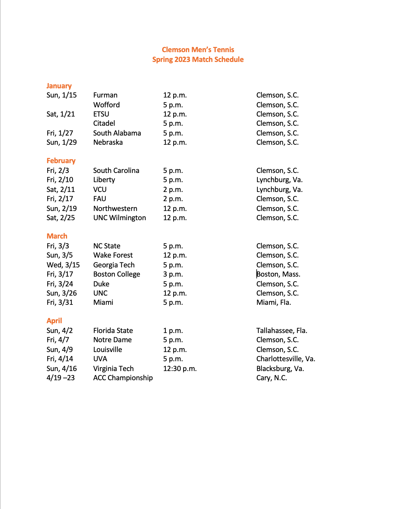 Men’s Tennis Announces 2023 Schedule Clemson Tigers Official
