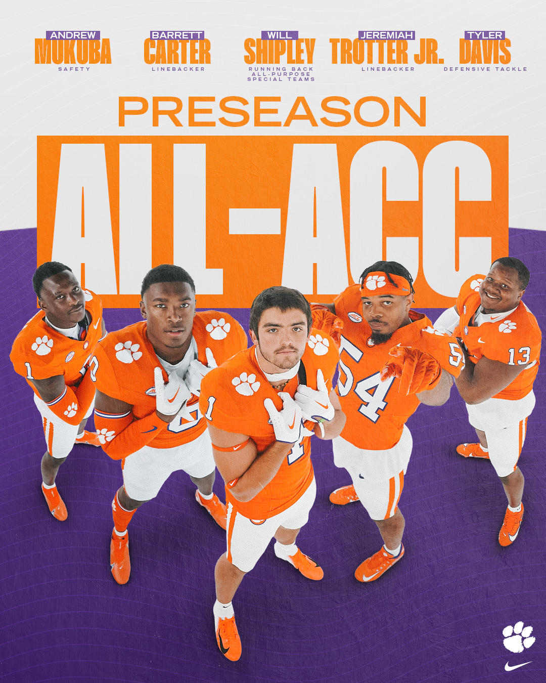 Five Clemson Standouts Account for Seven Preseason All-ACC Selections