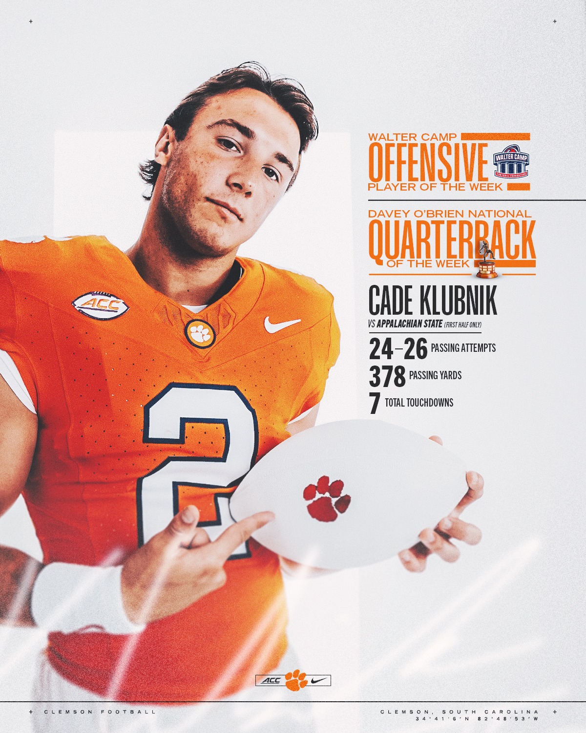 Klubnik Named Walter Camp Offensive Player of the Week – Clemson 